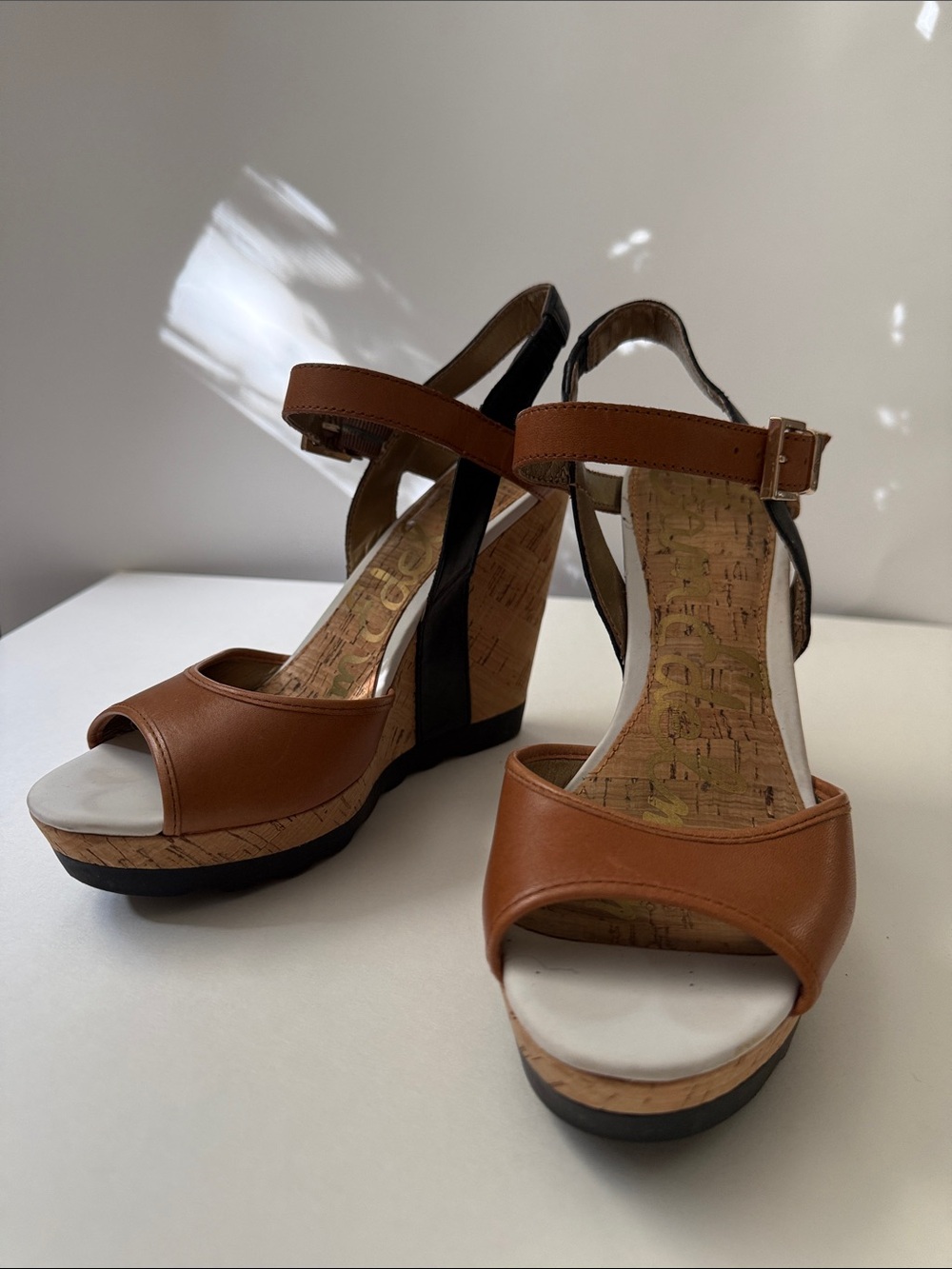 Sam Edelman Brown Cork Wedge Sandals with Ankle Strap